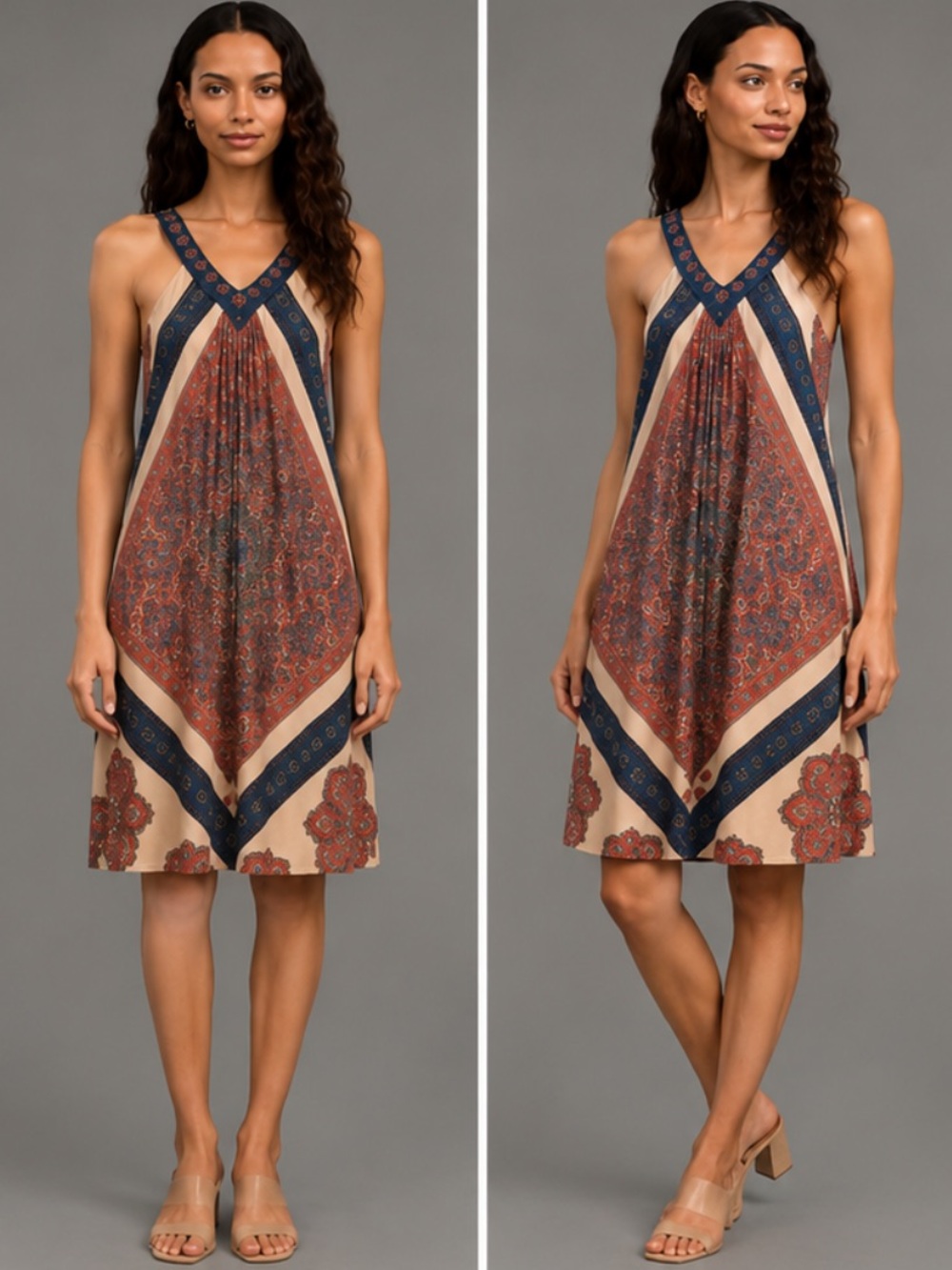 Anthropologie-inspired swing dress featuring a bold paisley scarf print